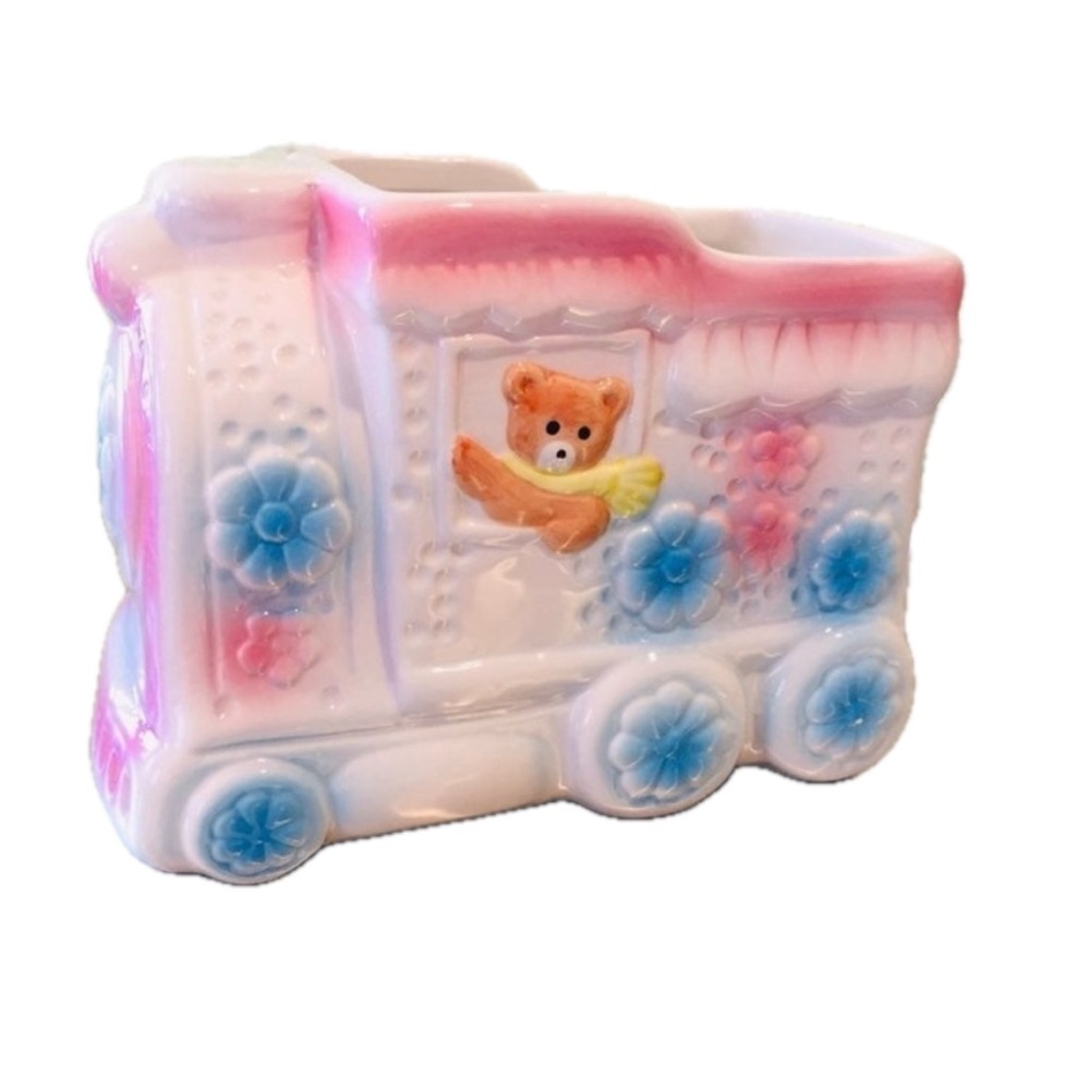 Vintage Ceramic Train Planter Teddy Bear Baby pink blue white - Picture 1 of 6